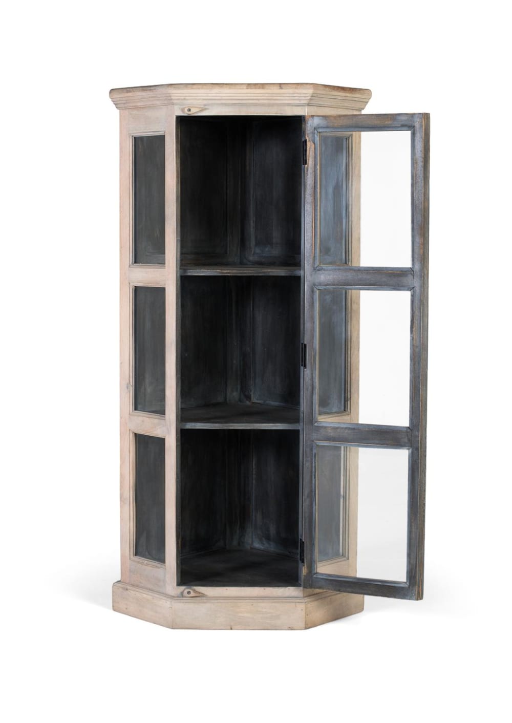 Vitrine d'angle en bois de manguier avec porte vitrée