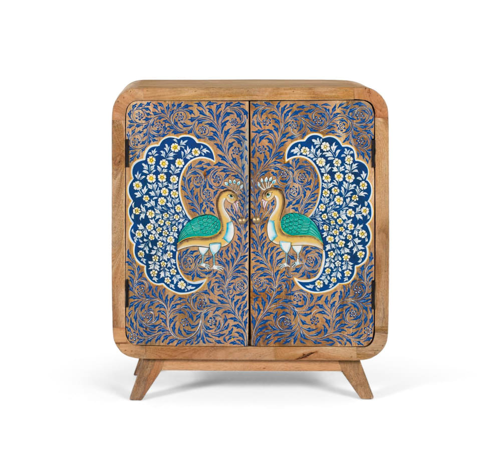 Buffet en bois de manguier avec deux portes peintes à la main