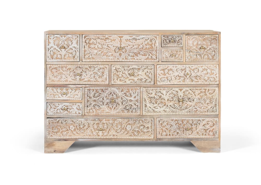 Commode en bois de manguier avec 14 tiroirs peints à la main