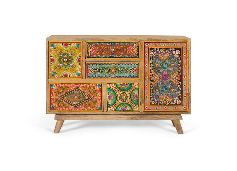 Commode en bois de manguier avec 6 tiroirs peints à la main
