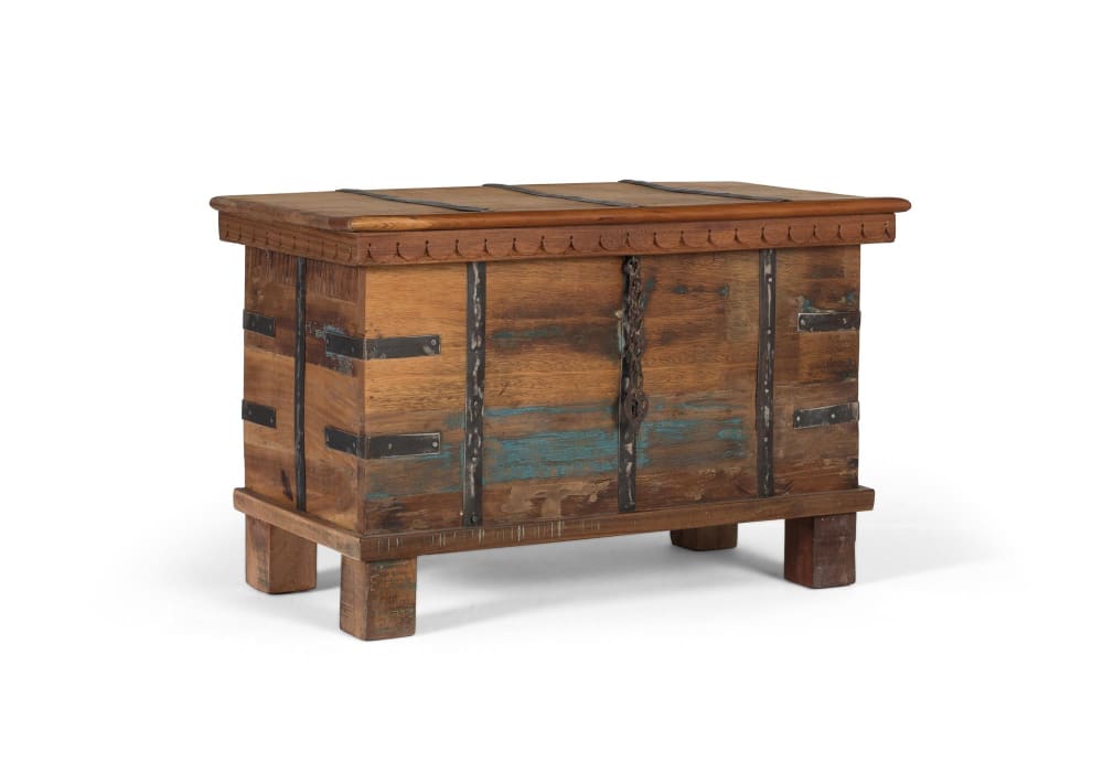 Coffre en bois recyclé avec ouverture par le haut et quincaillerie