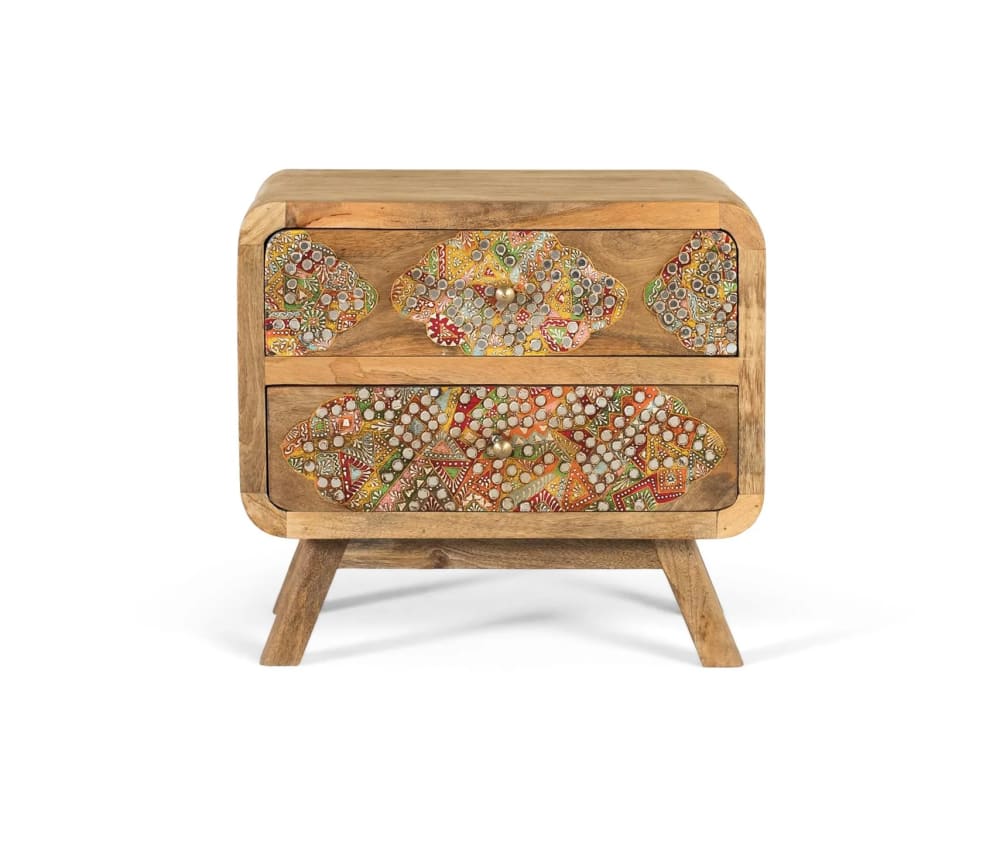 GINER Y COLOMER Handbemalter Nachttisch aus Mangoholz mit ethnischem Finish Braun