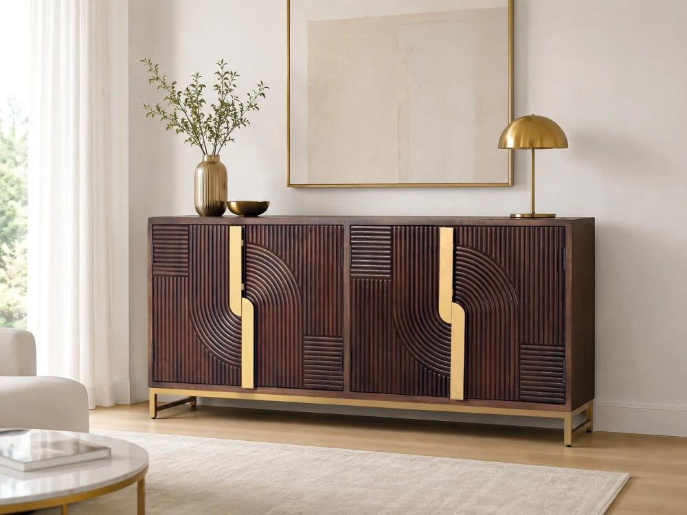 Sideboard aus Massivholz mit vier Türen und goldenen Details -