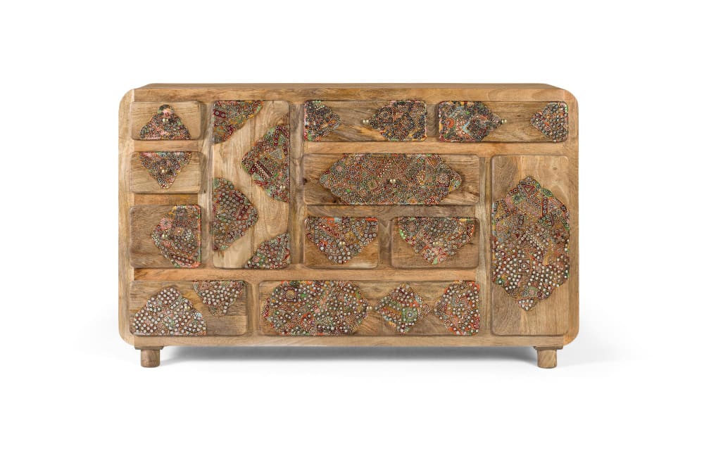 Buffet en bois de manguier massif avec détails peints 148 cm