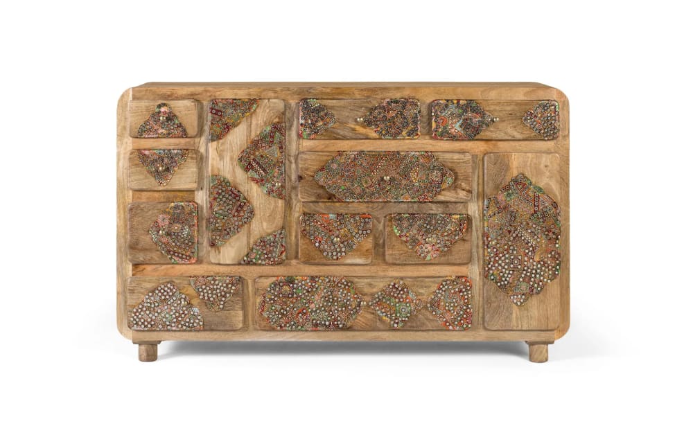 GINER Y COLOMER Sideboard aus massivem Mangoholz mit handbemalten Details, 148 cm Braun