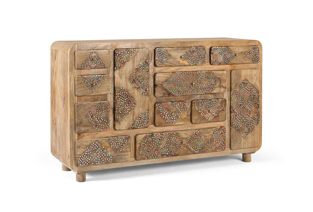 Sideboard aus massivem Mangoholz mit handbemalten Details, 148 cm