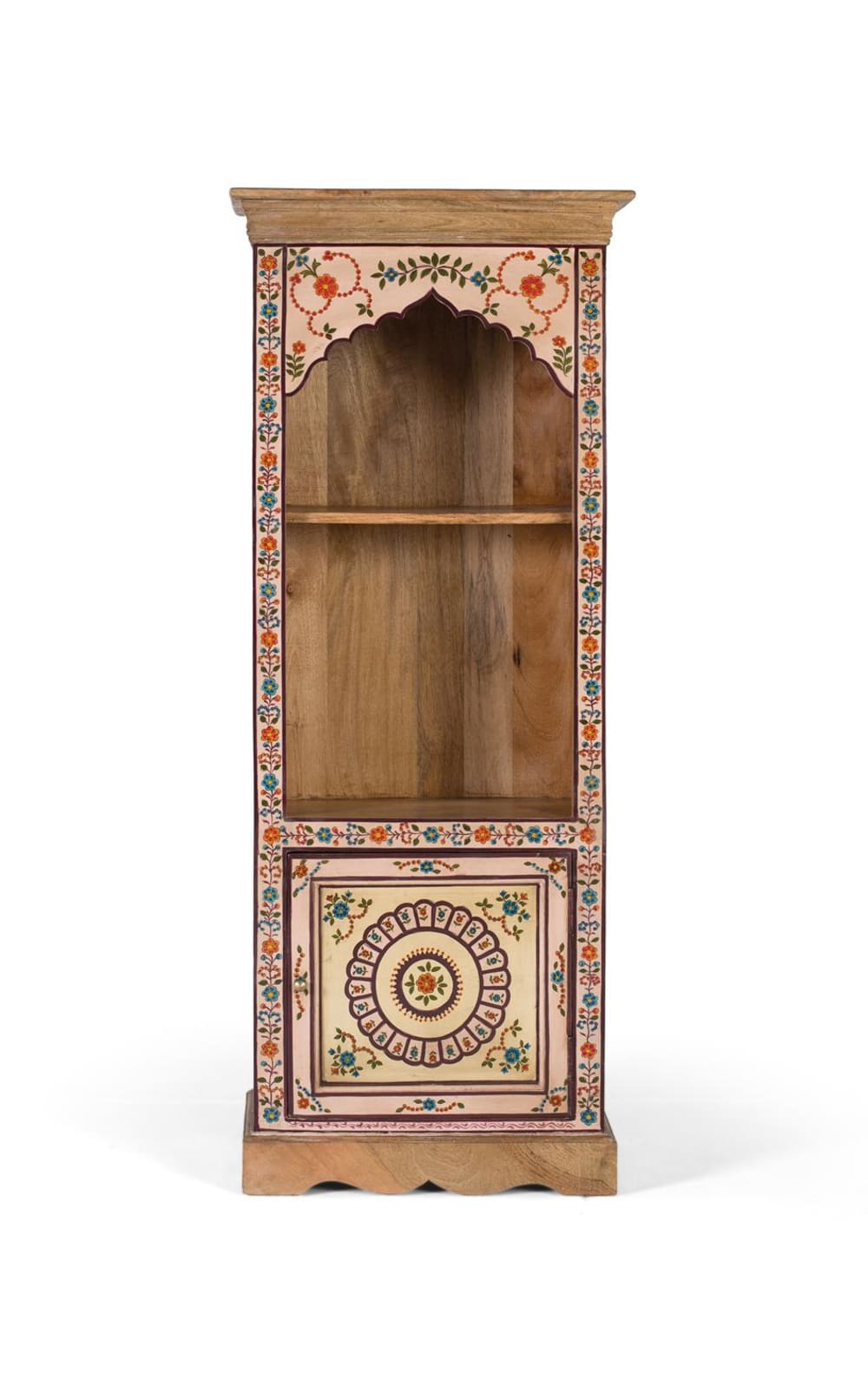 Bibliothèque en bois de manguier avec détails floraux peints à la main
