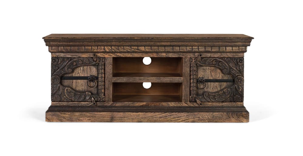 Meuble TV en bois de manguier massif avec deux portes et deux étagères