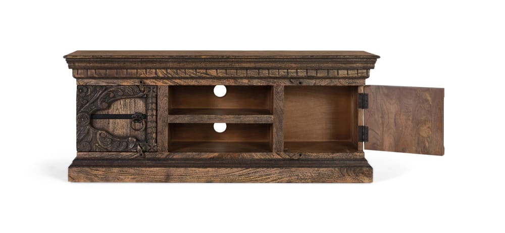 Meuble TV en bois de manguier massif avec deux portes et deux étagères