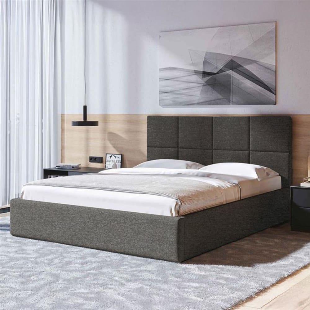 Mesonica Bett mit Bettkasten und karierter Kopfstütze, anthrazit 140x200 Grau Pes - Polyester