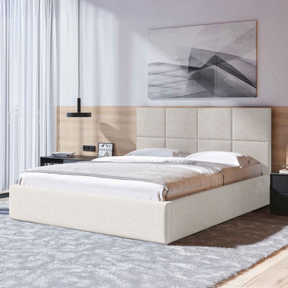 Mesonica Bett mit Bettkasten und karierter Kopfstütze, hellbeige 140x200 - Pes - Polyester