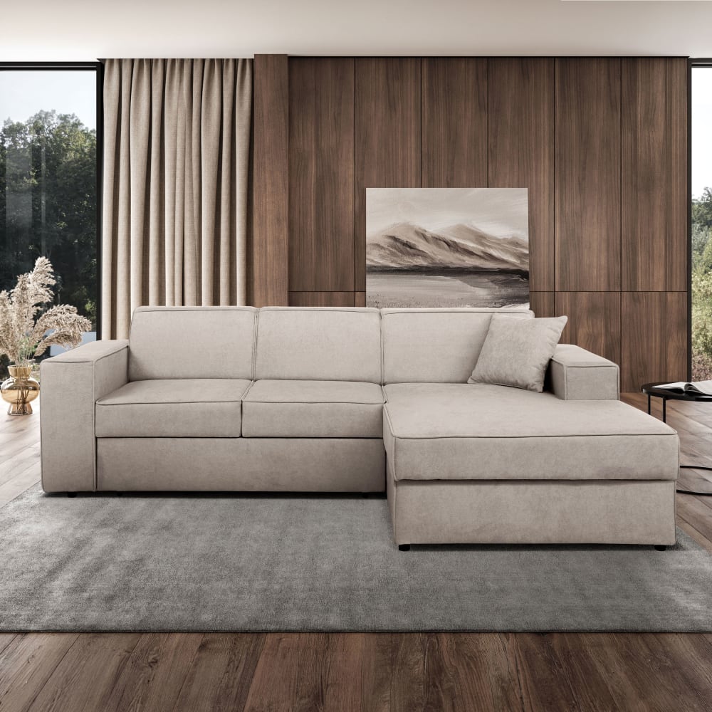 Ecksofa mit Schlaffunktion, Velours-Stoff, cappuccino, rechts -