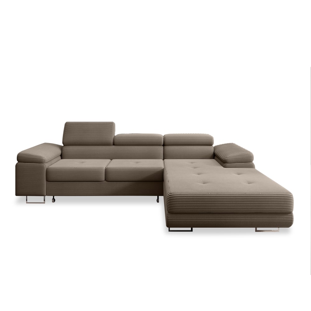 Canapé d'angle droit convertible 6 places en velours côtelé taupe