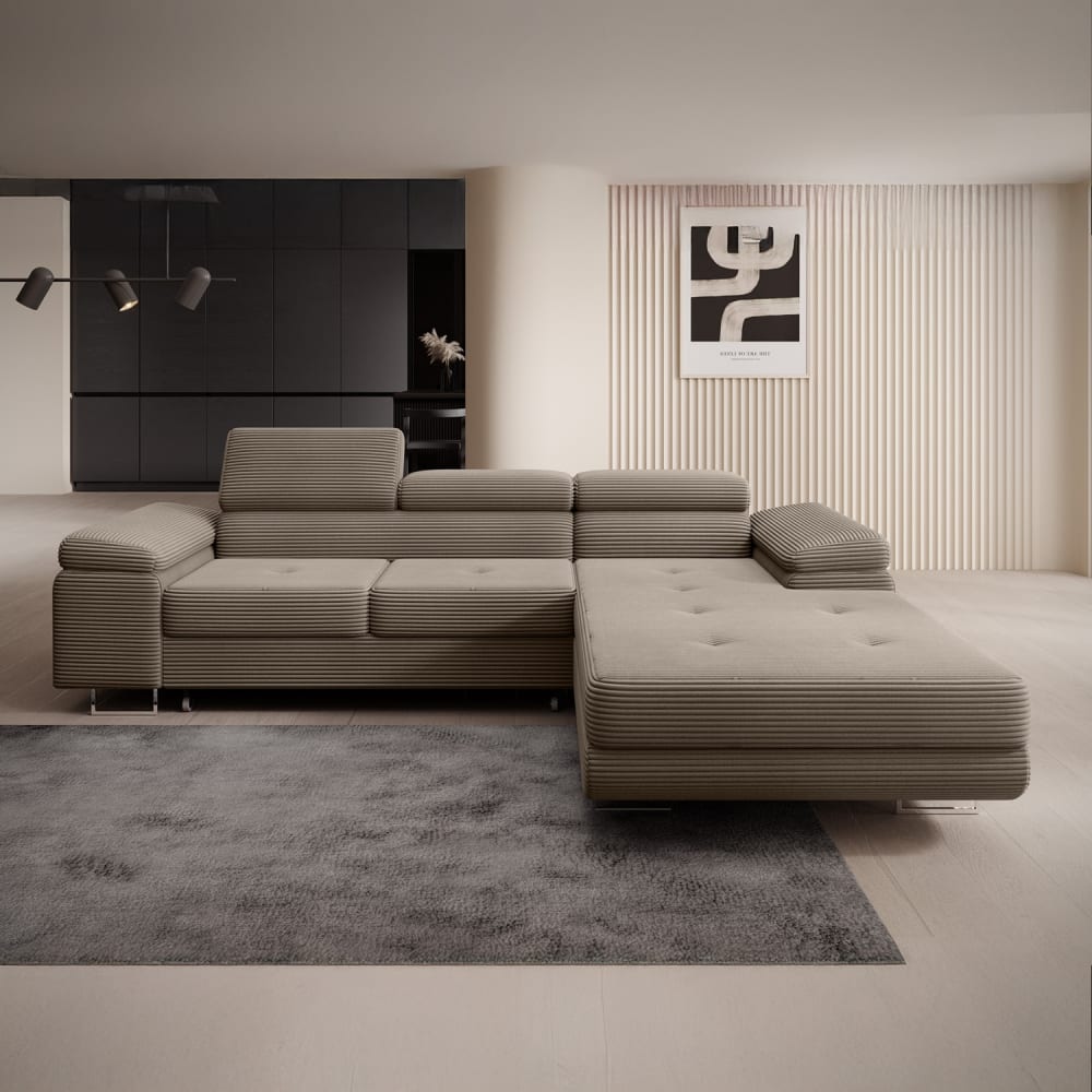 Canapé d'angle droit convertible 6 places en velours côtelé taupe