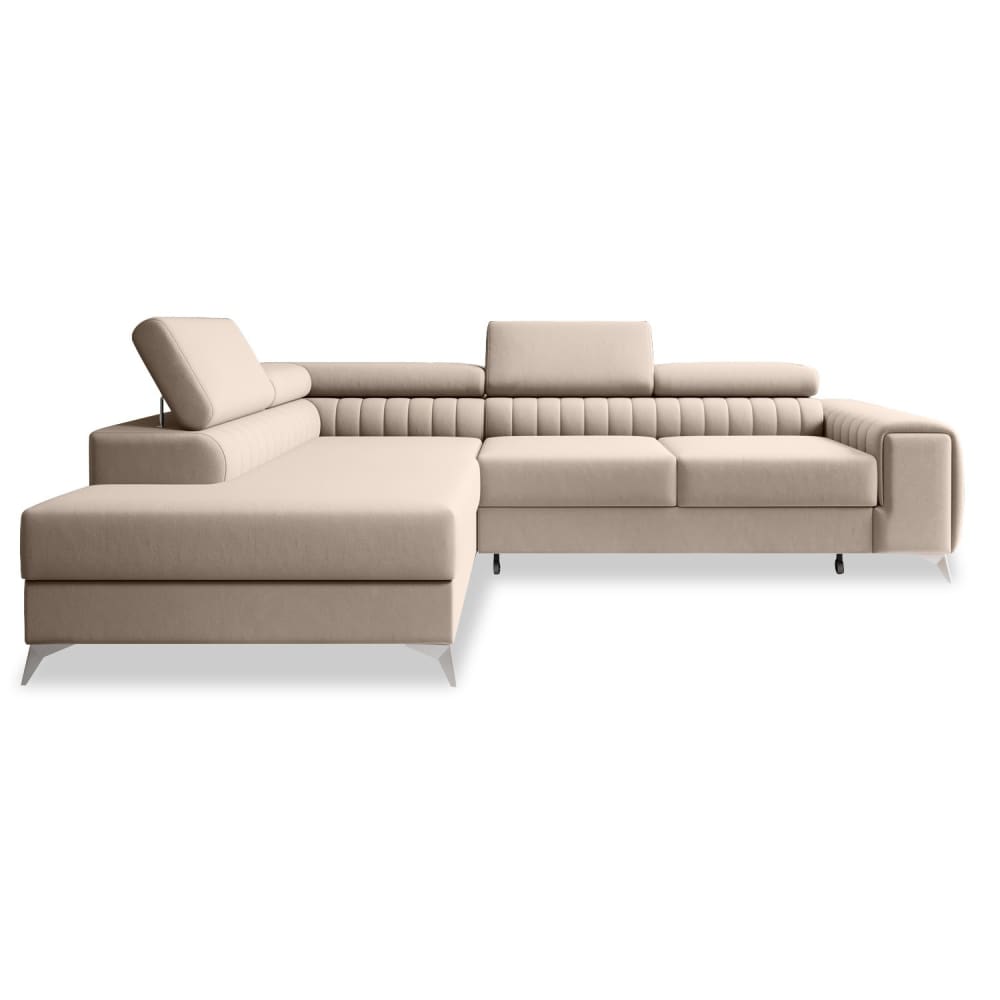 Canapé d'angle gauche convertible 6 places en velours beige