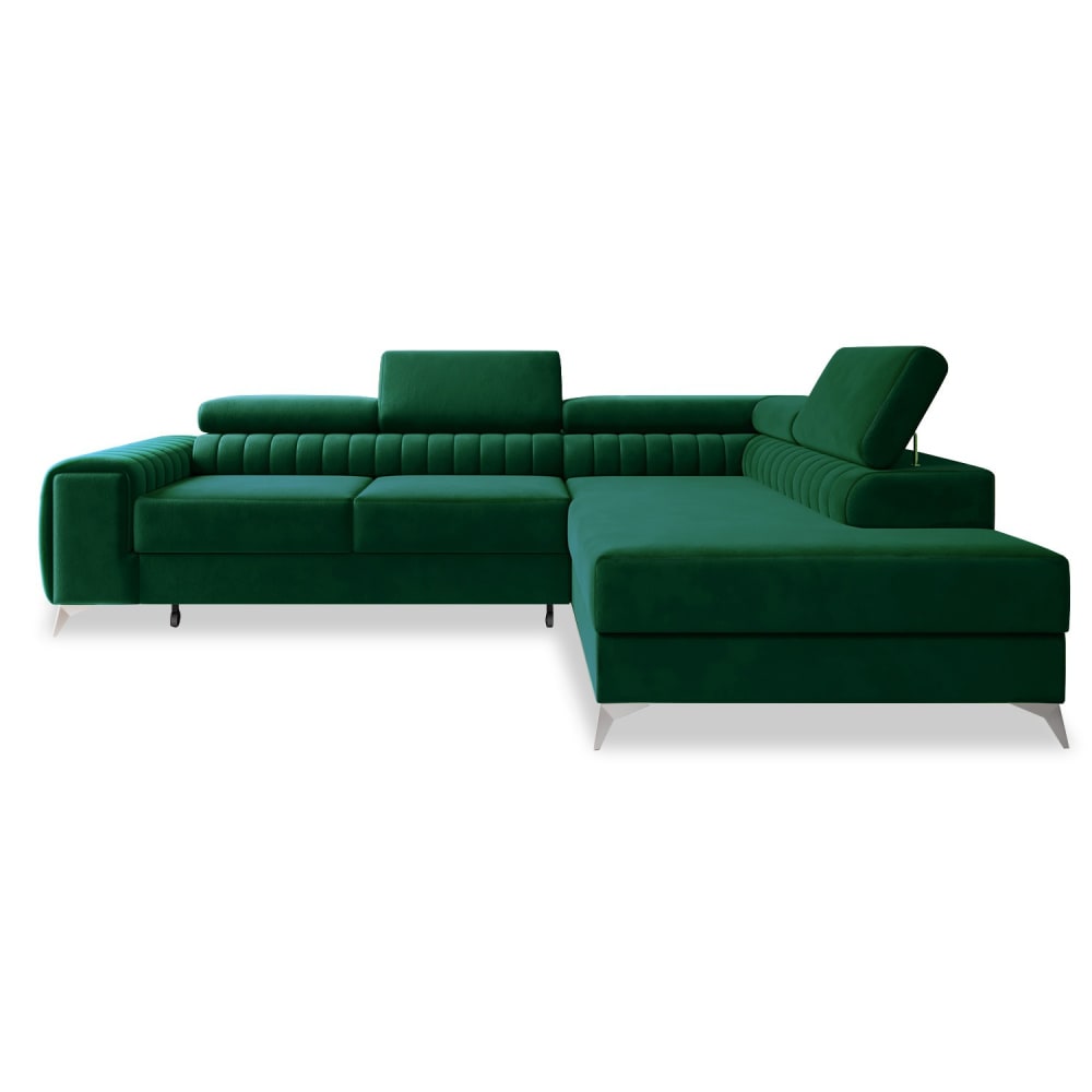 Canapé d'angle droit convertible 6 places en velours vert