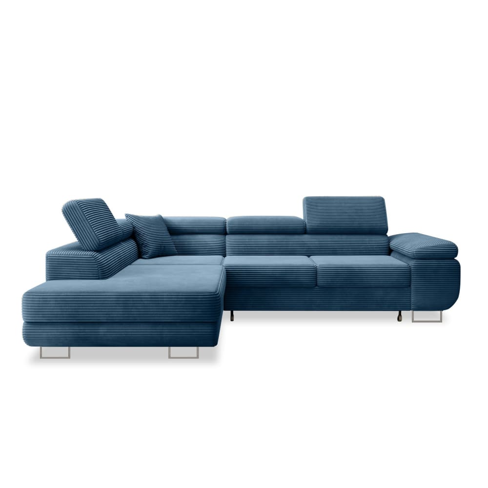 Canapé d'angle gauche convertible 6 places en velours côtelé bleu