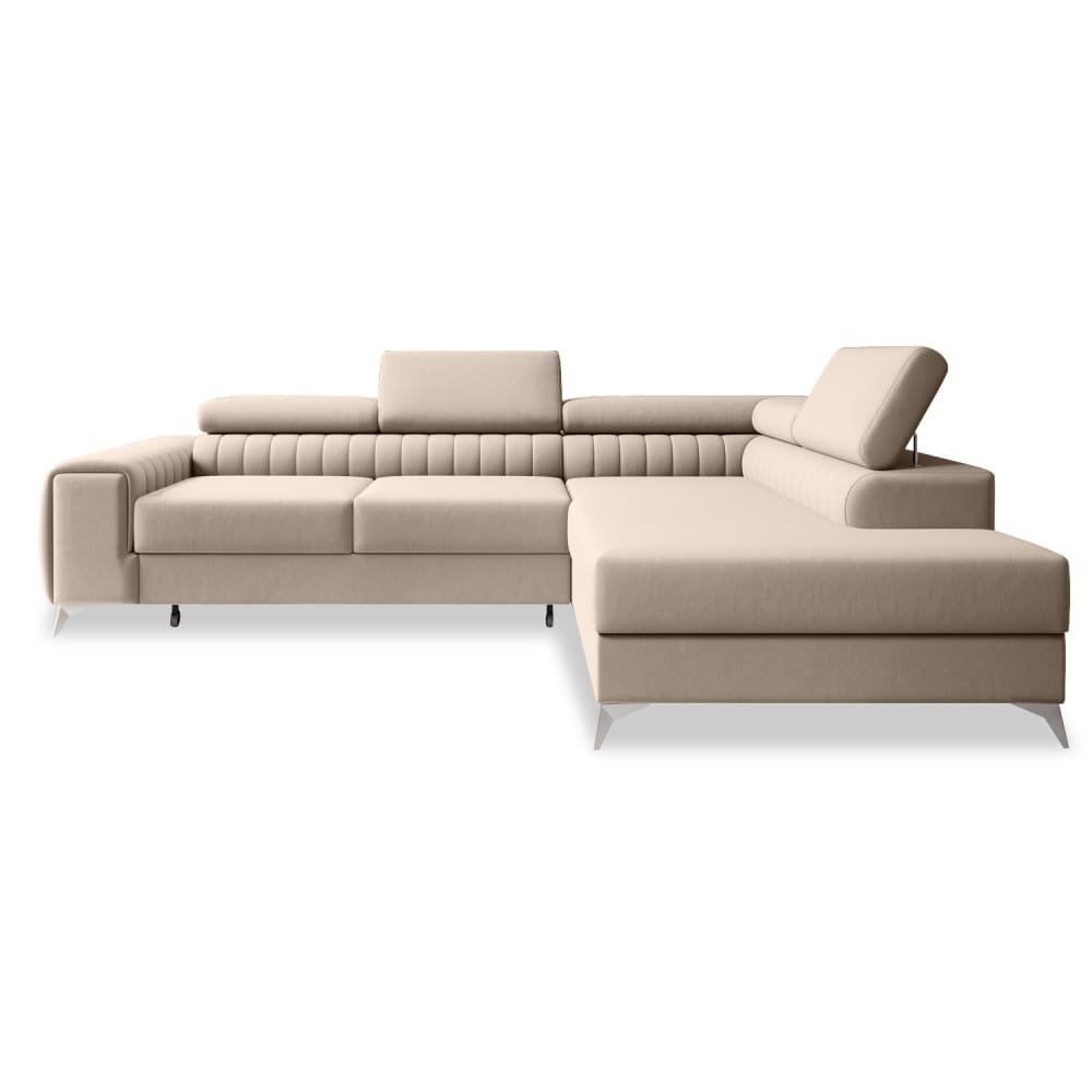 Canapé d'angle droit convertible 6 places en velours beige