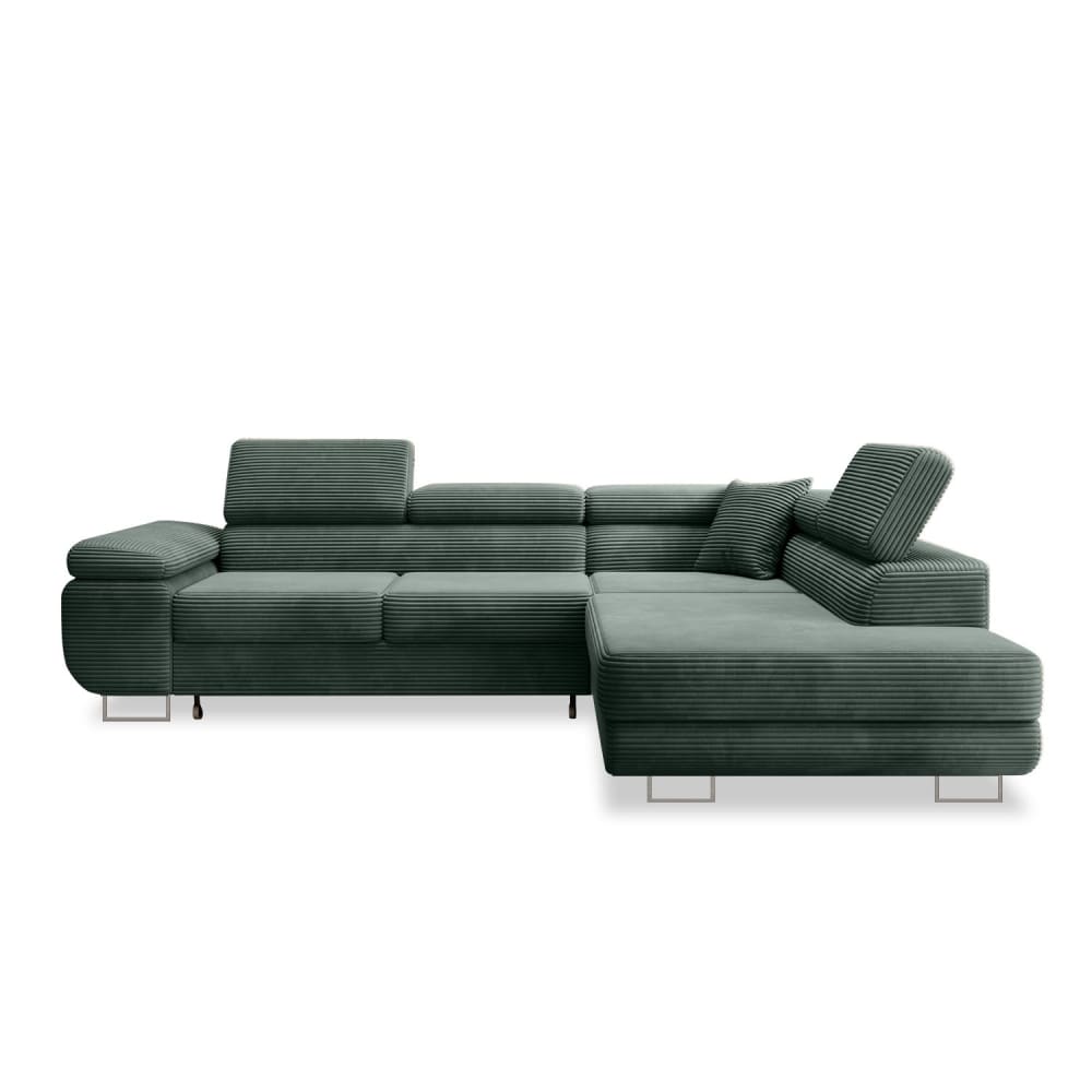 Canapé d'angle droit convertible 6 places en velours côtelé vert