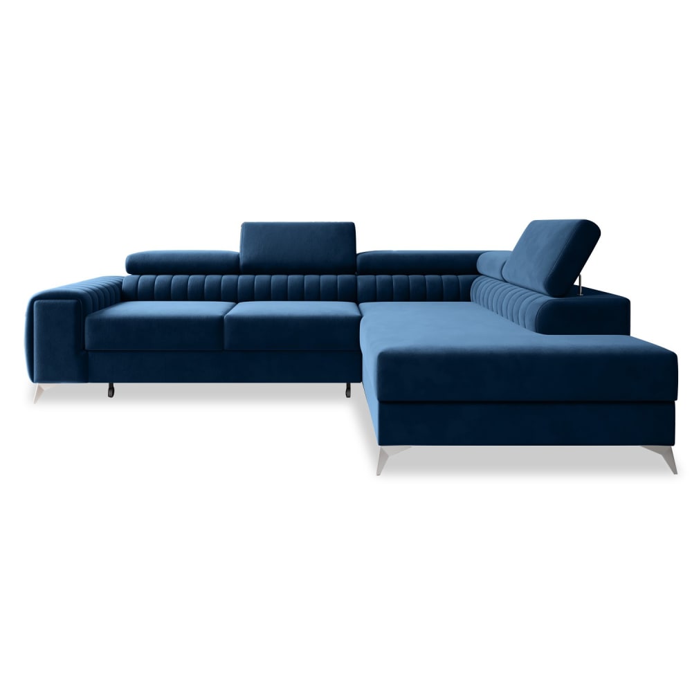 Canapé d'angle droit convertible 6 places en velours bleu