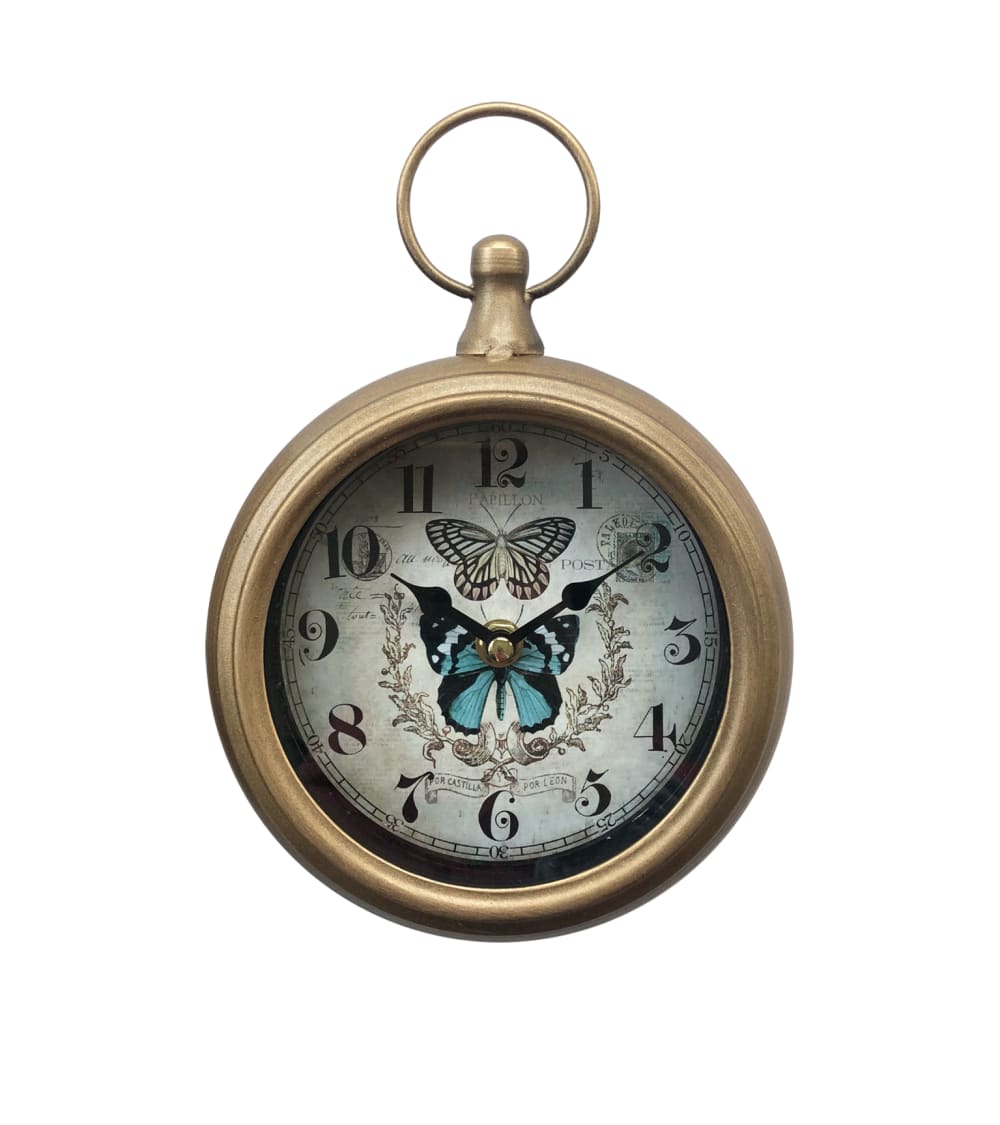 Petite horloge ronde métal papillons 16x23cm dore