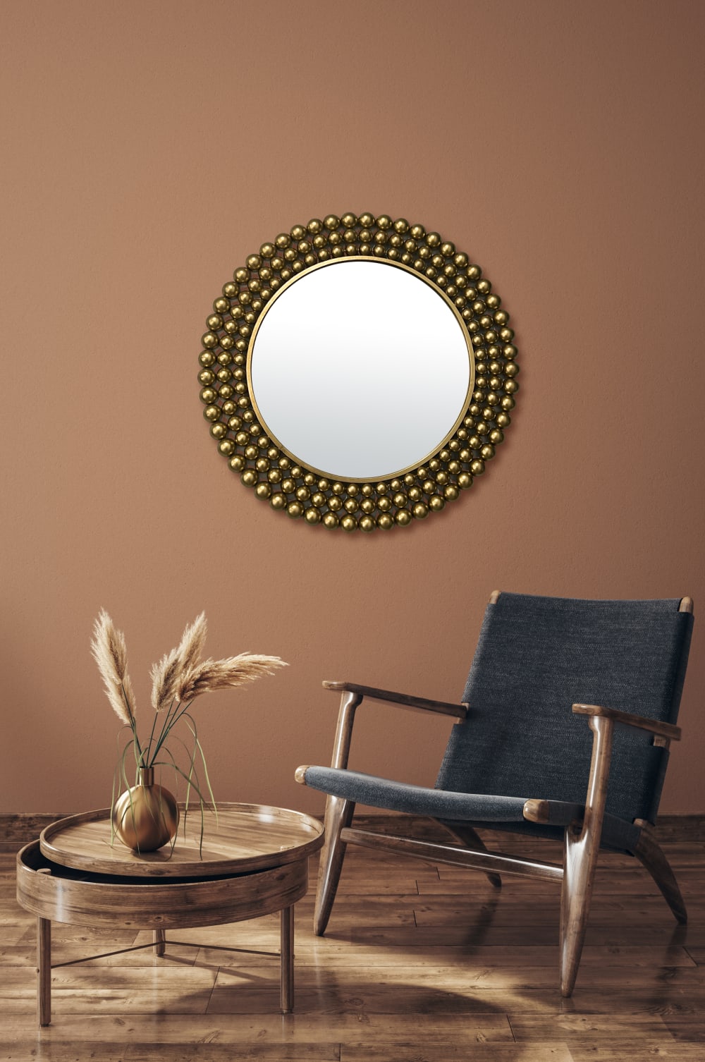 Miroir rond métal boules 70cm dore