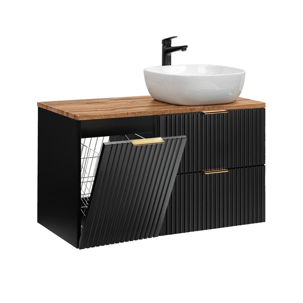 Meuble vasque panier à linge stratifiés noir et beige