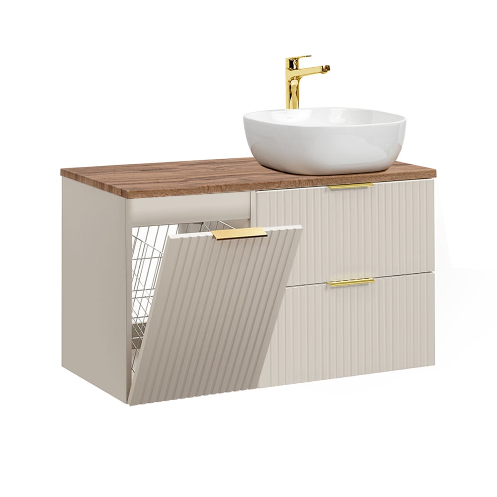 Meuble vasque panier à linge stratifiés beige