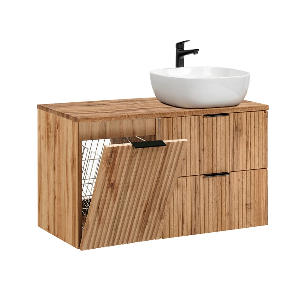 Meuble vasque panier à linge stratifiés beige