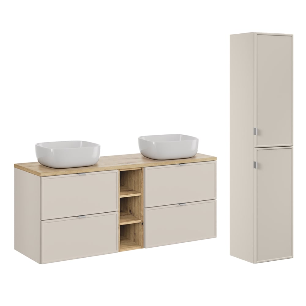 Ensemble meuble double vasque 3 niches colonne stratifiés beige