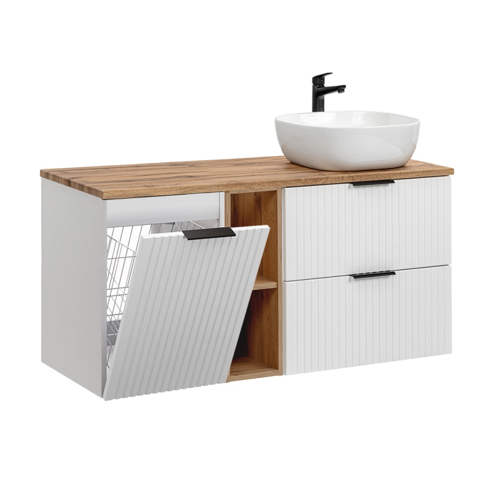 Meuble vasque panier à linge stratifiés blanc et beige