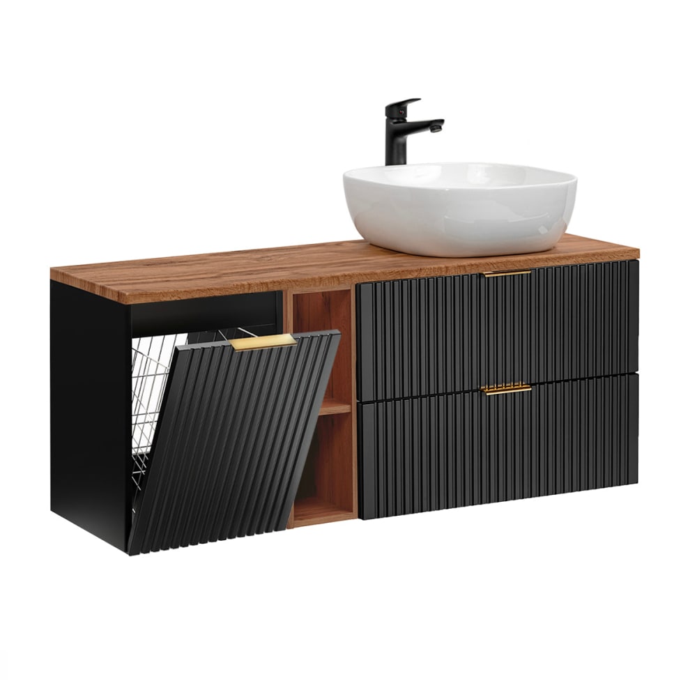 Petits meubles Waschtisch 140cm 2 Nischen Wäschekorb MDF Schwarz und Holz Schwarz Spanplatte