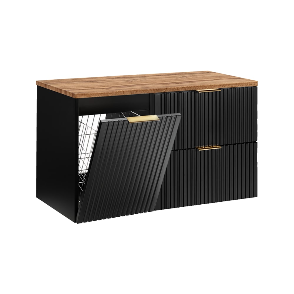 Meuble sous-vasque panier à linge stratifiés noir et beige