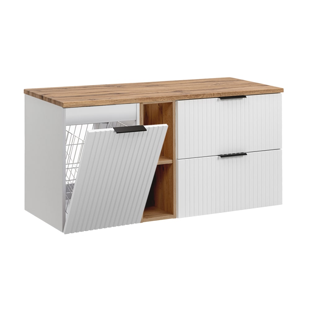 Meuble sous-vasque panier à linge stratifiés blanc et beige