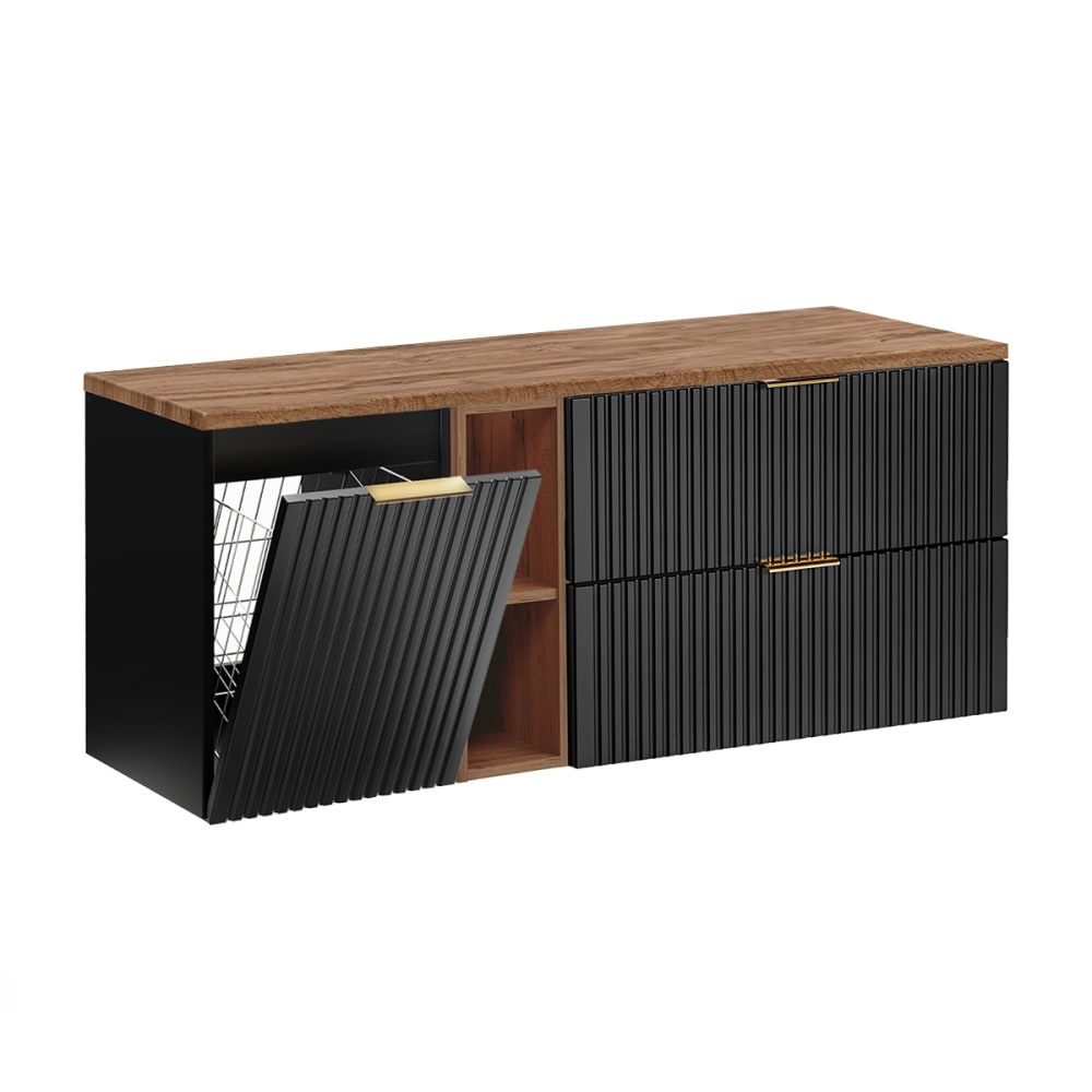 Meuble sous-vasque panier à linge stratifiés noir et beige