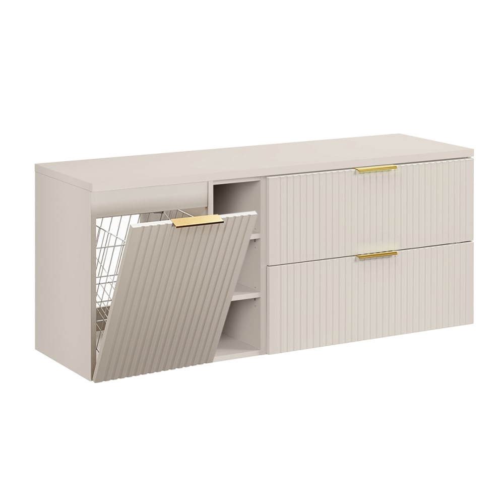 Meuble sous-vasque 3 niches panier à linge stratifiés beige