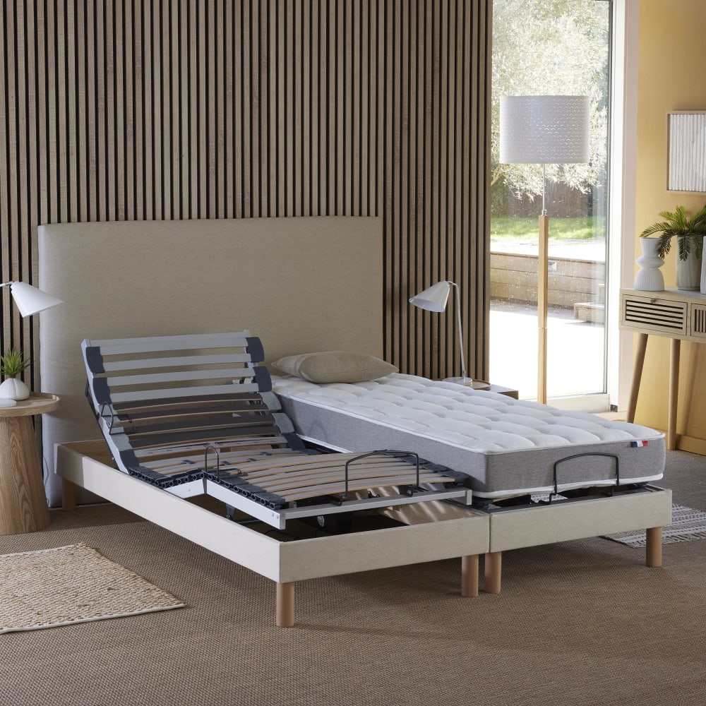 Lit électrique lattes +mousse à mémoire de forme beige 2x80x200