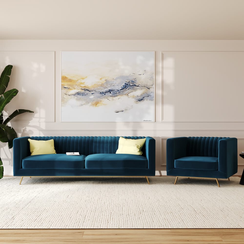 Ensemble canapé et fauteuil en velours bleu 3 places