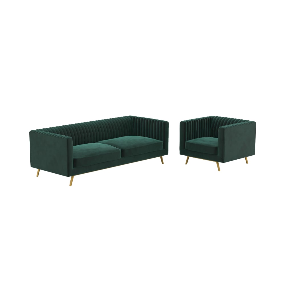 Ensemble canapé et fauteuil en velours vert 3 places