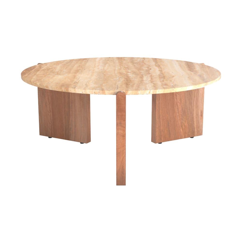 Maison Pavane Couchtisch aus Travertin und Holz Ø 85 cm style modern Braun Holz