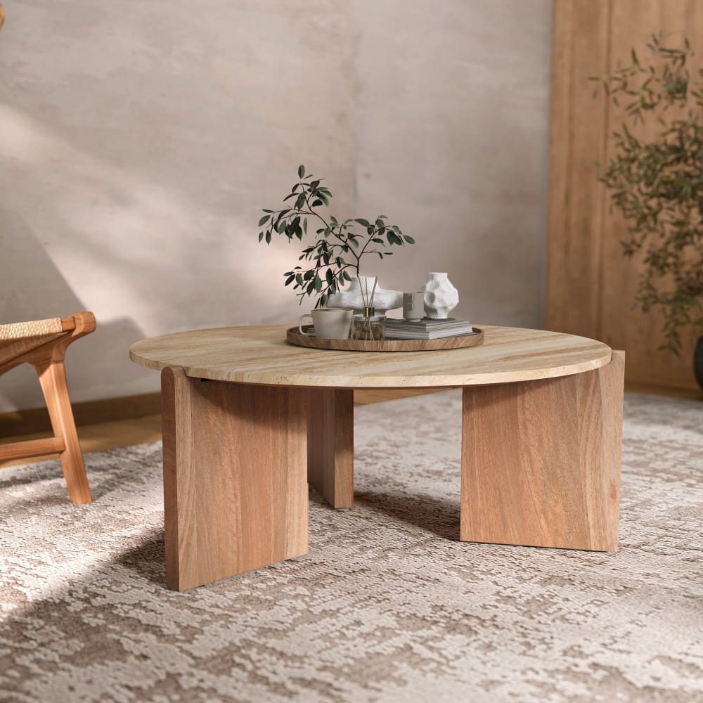 Table basse en travertin et bois d85 cm