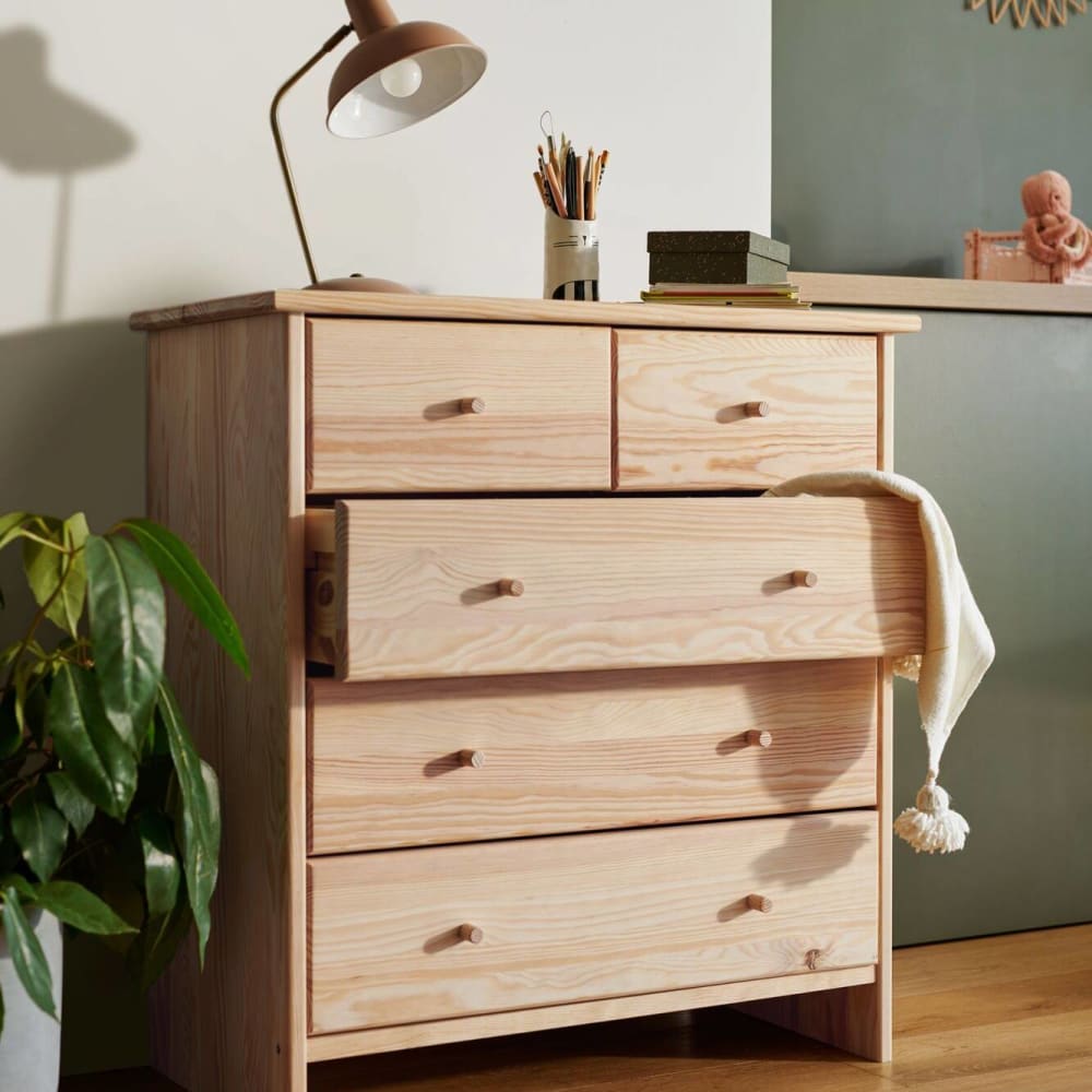 Commode 5 tiroirs en bois massif brut et poignées bois