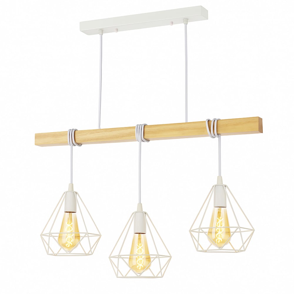 Plafonnier 3 lumières bois et cages métal, E27, blanc rétro 75cm