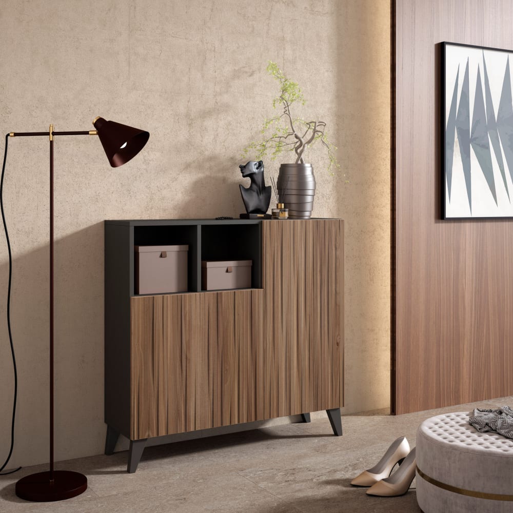 Schuhschrank Melamin Graphit Türen Lattenoptik Nussbaum 87x90x27