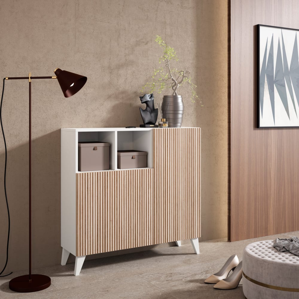 Schuhschrank Melamin Weiß Türen Helliche 87x90x27 cm - Maisons Du