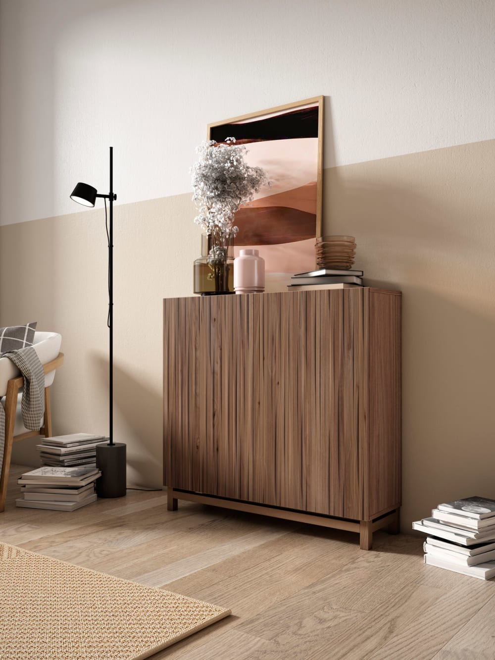 Meuble à chaussures mélamine noyer portes imprimées noyer 90x90x27