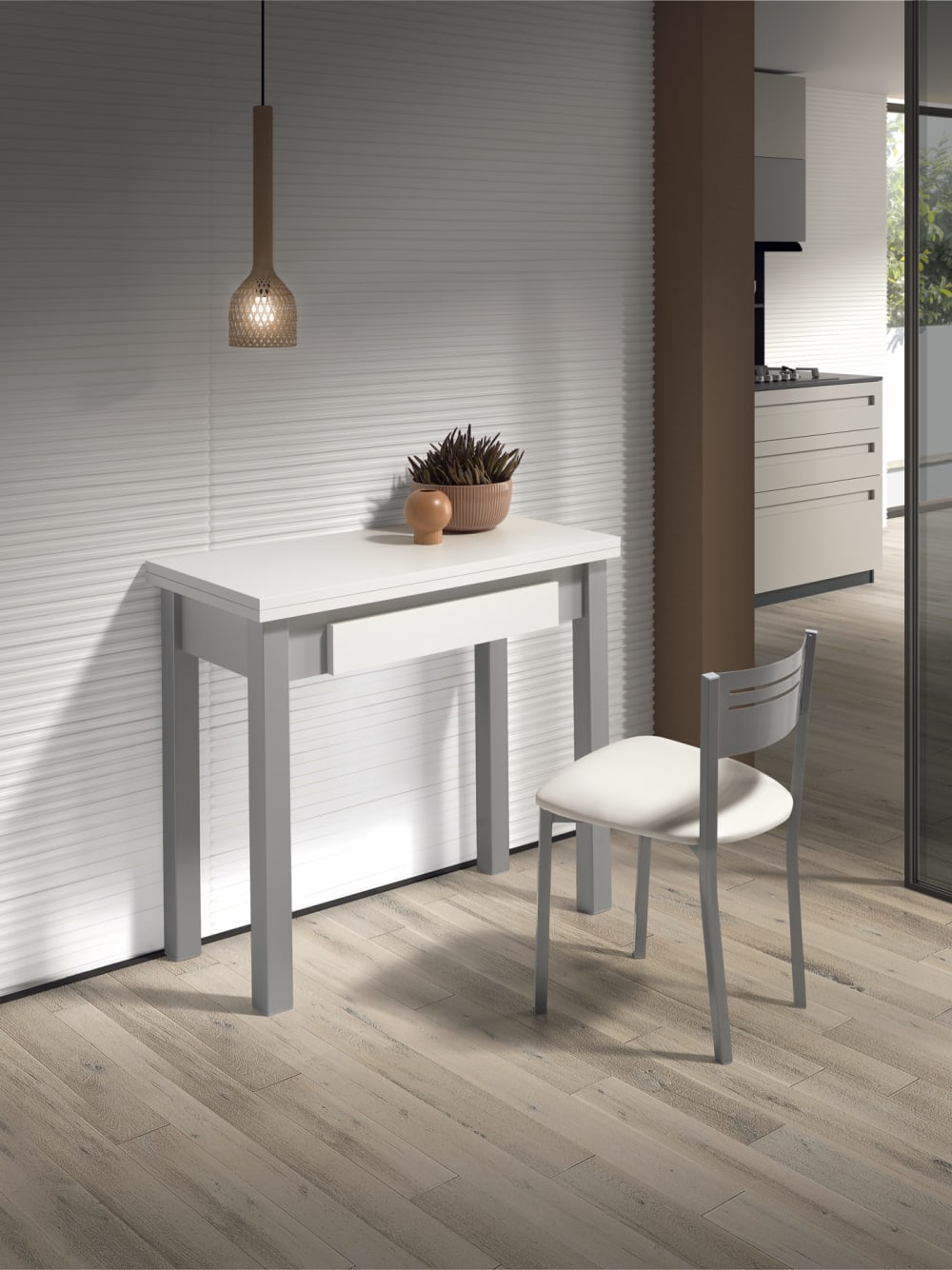 Ausziehbarer Tisch Klappsystem aus Melamin und Metall weiß‑grau