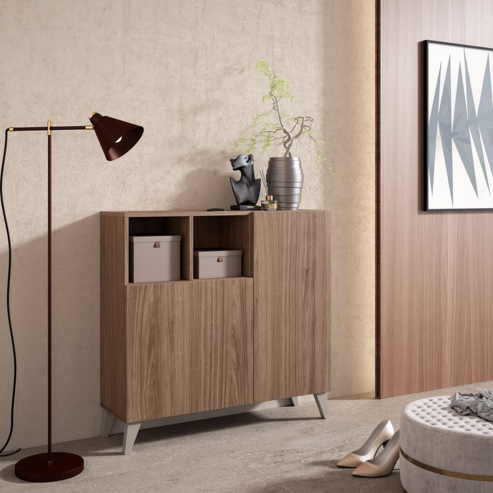 Schuhschrank Melamin Nussbaum Beine taupe 87×90×27 cm - Maisons