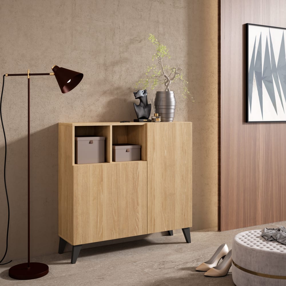 Schuhschrank Melamin Goldene Eiche Graphit und Beine 87×90×27 cm