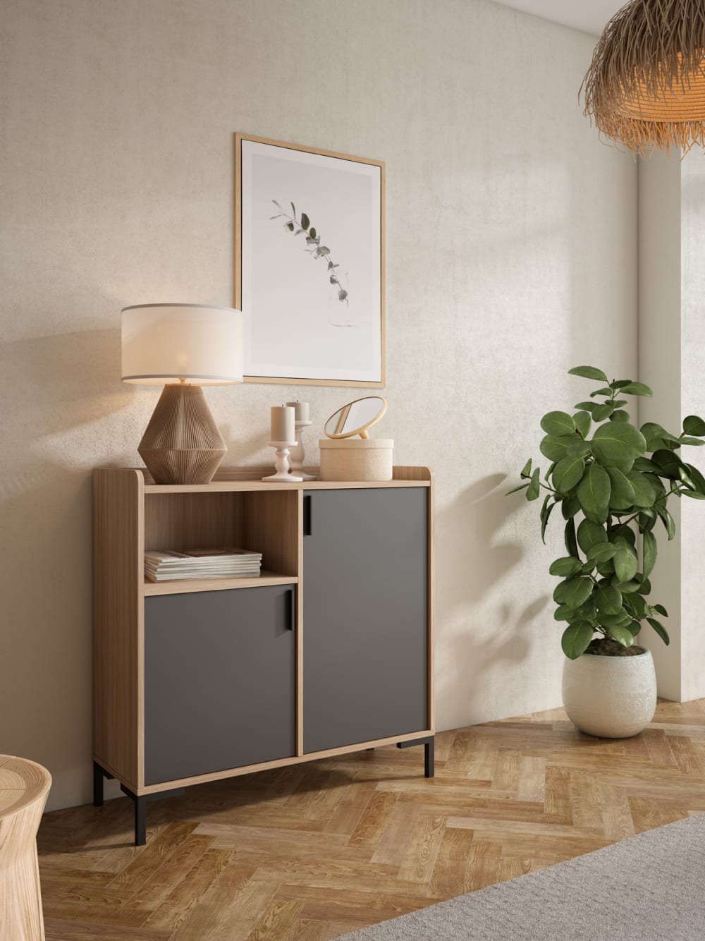 Eingangs Sideboard Melamin Hellnussbaum und Graphit 88x90x33 cm -